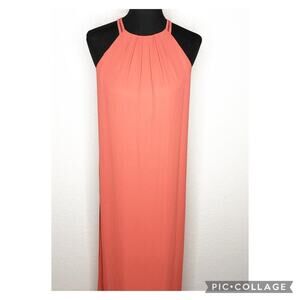 WHBM coral orange sleeveless side slit overlay maxi dress size 4